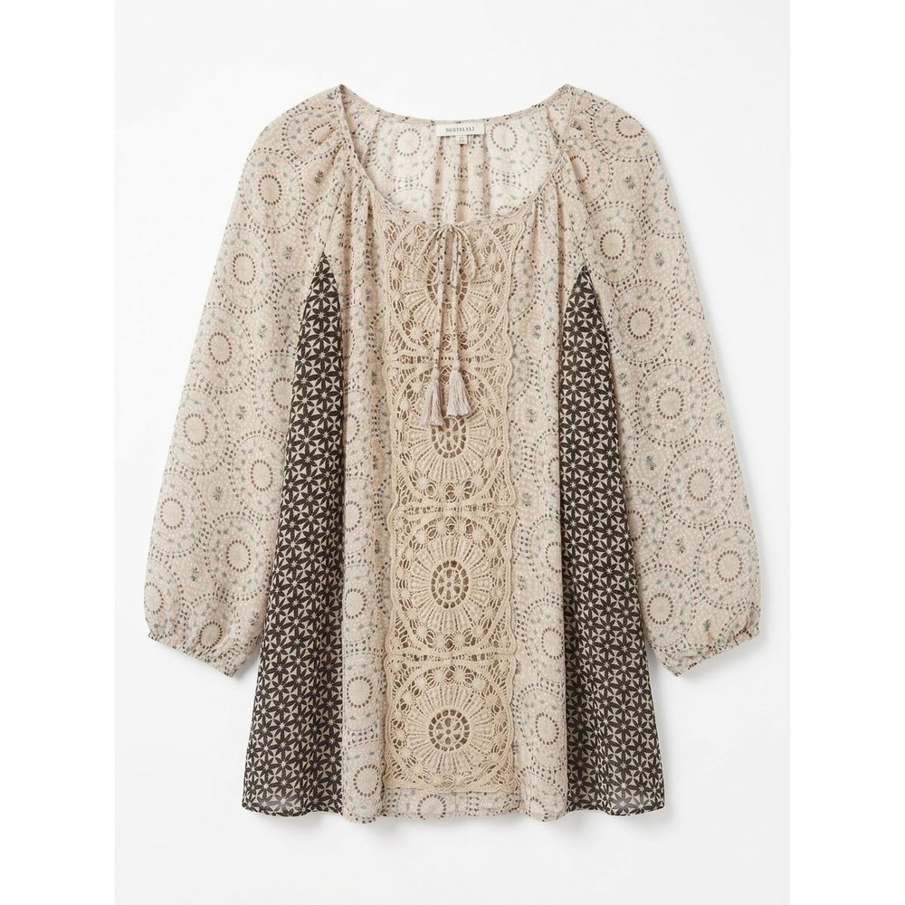Roz & Ali Peasant Tunic Women 1X Beige Boho Crochet Lace Tassel Mixed Print